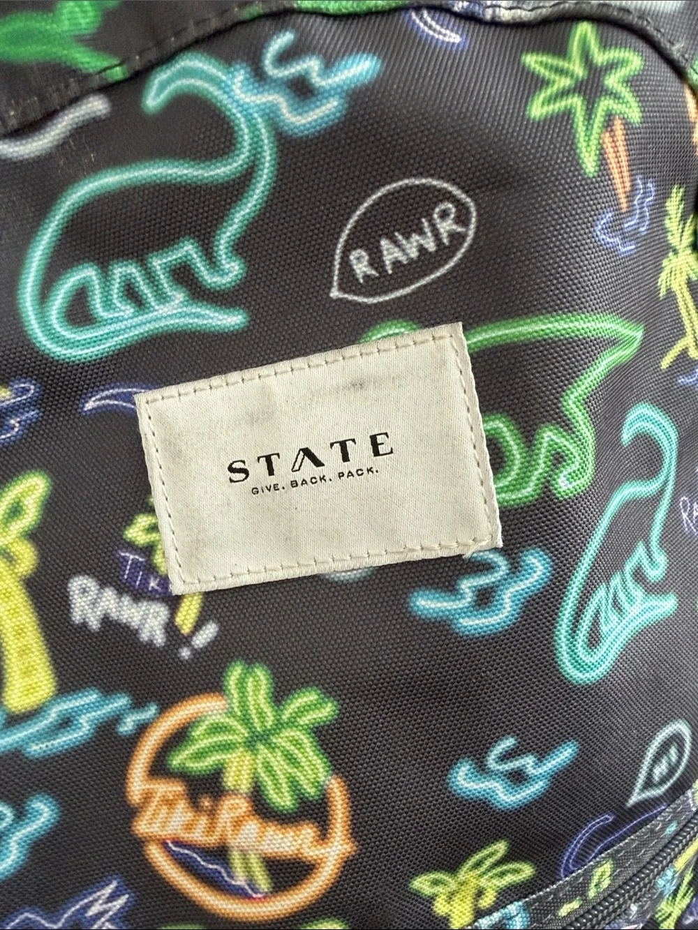 STATE Kids Neon Dino Mini Backpack - Black with Green, Yellow & Blue Accents